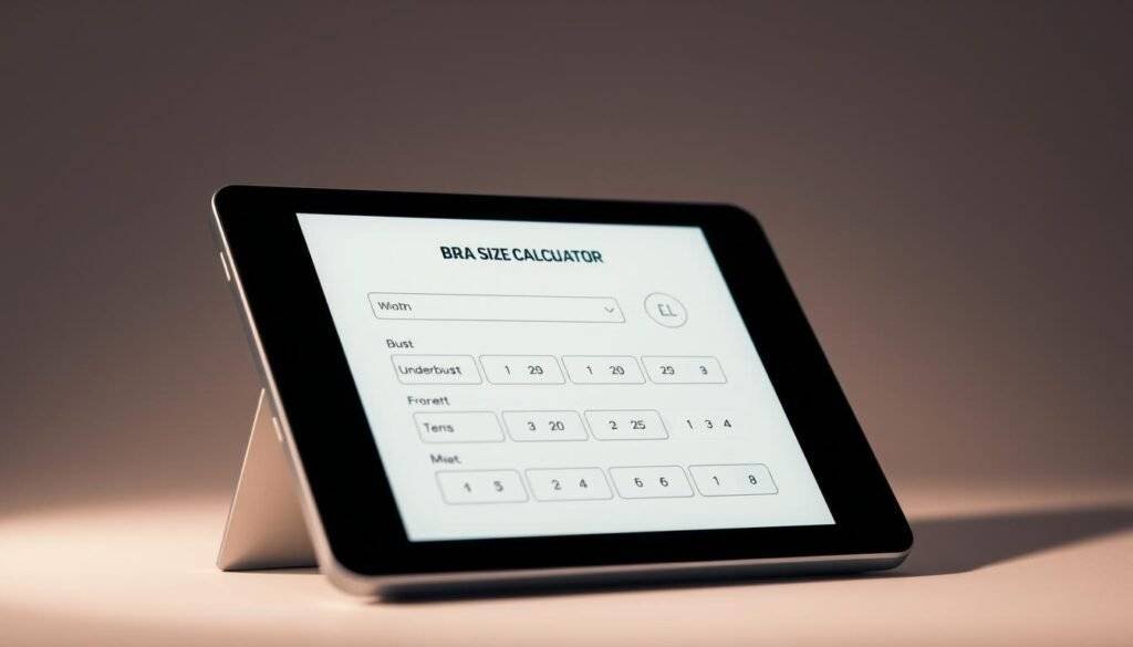 A modern, minimalist bra size calculator displayed on a sleek digital device. The calculator UI features a clean, intuitive design with clearly labeled input fields for the user's bust, underbust, and other relevant measurements. Soft, diffused lighting bathes the scene, creating a warm, inviting atmosphere. The device is positioned against a simple, uncluttered background, allowing the calculator interface to be the focal point. Camera angles are chosen to showcase the calculator's design and functionality, with a slightly elevated perspective to convey a sense of accessibility and user-friendly interaction. The overall mood is one of helpful guidance and thoughtful product design, reflecting the informative purpose of the bra size calculator.