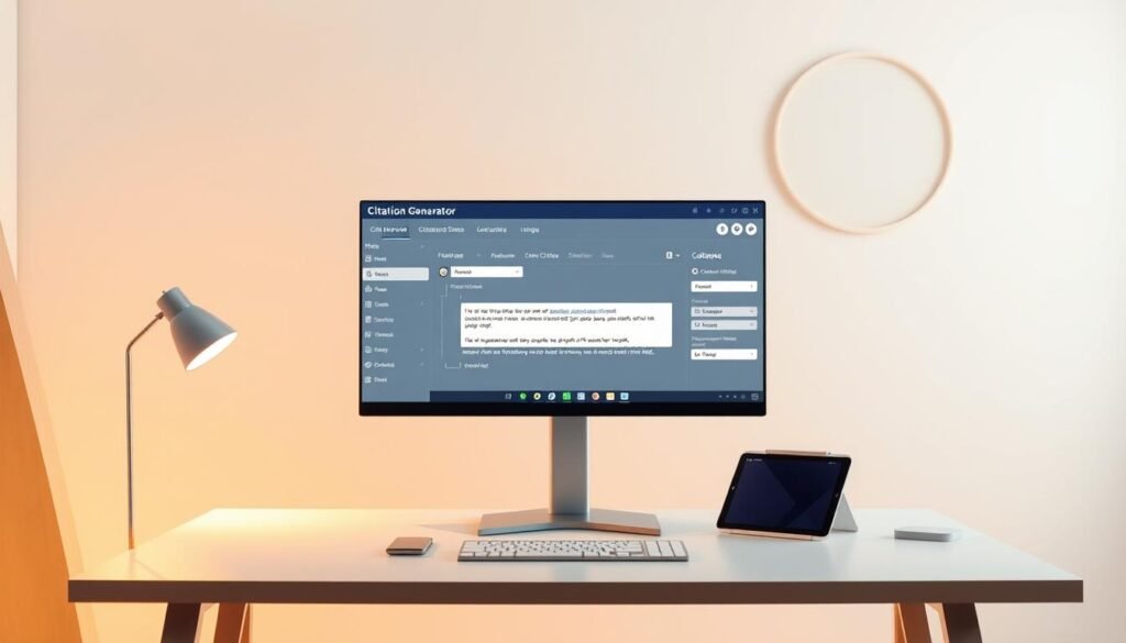 A modern, sleek, and intuitive citation generator interface floating in a minimalist, well-lit workspace. In the foreground, a desktop monitor displays the generator's seamless workflow, with smooth transitions between citation styles and customizable fields. The middle ground features an ergonomic desk setup, complete with a tablet device and a clutter-free, neutral-toned environment. In the background, abstract shapes and soft gradients create a sense of depth and futuristic ambiance, evoking the technological prowess of the citation generator. Warm, directional lighting accentuates the clean lines and emphasizes the user-friendly nature of the tool.