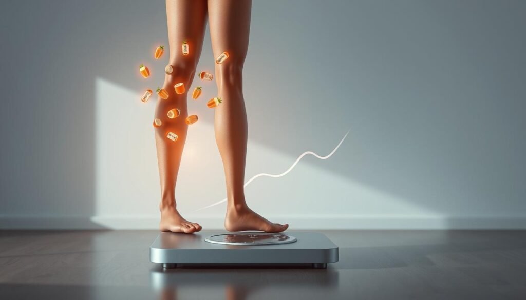 A photo-realistic digital illustration showcasing the relationship between calories burned and weight loss. The foreground features a detailed human figure standing on a weighing scale, with an overlay of animated calorie icons ascending from the figure, visualizing the calories expended. The middle ground depicts a line graph charting the decline in weight over time, with a smoothly animated trajectory. The background is a serene, minimalist setting with soft lighting, emphasizing the wellness and health aspects. The overall mood is aspirational and educational, inviting the viewer to understand the core mechanics of the calorie-weight loss connection.