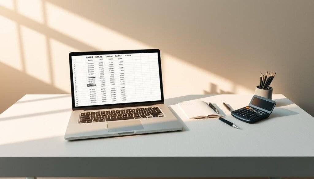 A precise, step-by-step calculation example of compound annual growth rate (CAGR) displayed on a sleek, minimalist desk setup. In the foreground, a modern laptop showcases a spreadsheet with clear CAGR formulas and data inputs. Beside it, a professional-grade calculator and a neatly arranged set of stationery. The middle ground features a clean, white desktop surface with subtle wood grain texturing. Warm, directional lighting from a side window casts a soft glow, creating depth and shadows that accentuate the geometric shapes. The background is a simple, muted color that allows the calculation elements to stand out clearly and convey a sense of focus and efficiency.