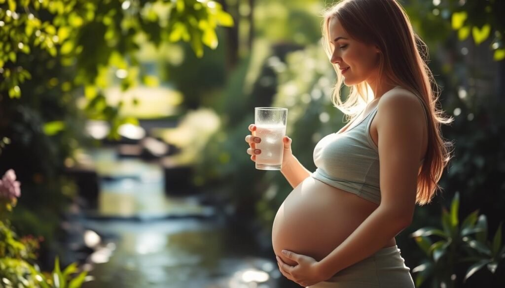 A pregnant woman standing in a serene garden, holding a glass of water and looking thoughtfully at it. The sunlight filters through the lush foliage, casting a warm, natural glow on her face. In the background, a tranquil stream flows, symbolizing the importance of hydration during pregnancy. The woman's posture and facial expression convey a sense of mindfulness and care for her own well-being, as well as the well-being of the child she carries. The scene is captured with a shallow depth of field, allowing the woman to be the focal point, while the background provides a calming, natural context.