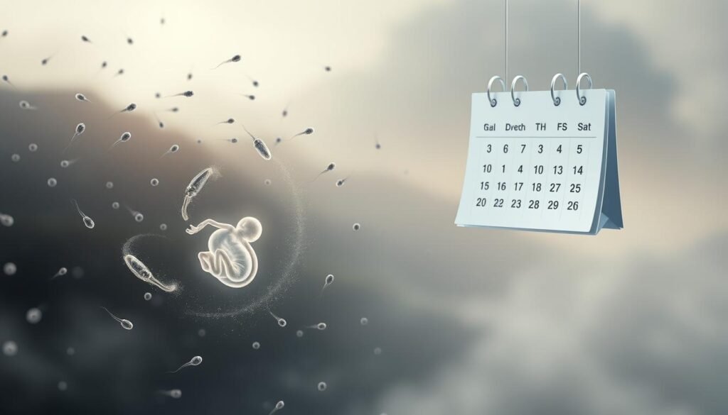 A serene, ethereal scene depicting the conception date calculation process. In the foreground, a delicate, translucent human embryo floats, its form glowing with an inner light. Surrounding it, a swarm of sperm cells swirl and dance, their trajectories illuminated by a soft, diffused light. In the middle ground, a stylized calendar hovers, its pages turning to reveal the dates. The background is a hazy, dreamlike landscape, with muted colors and a sense of timelessness. The overall mood is one of wonder, mystery, and the profound beauty of the human reproductive cycle.