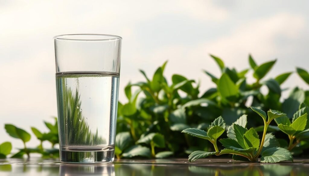 A serene, hydrating scene depicting the science behind optimal water intake. In the foreground, a glass of crystal-clear water reflects the light, inviting the viewer to quench their thirst. In the middle ground, lush, verdant plants symbolize the rejuvenating power of H2O, their leaves glistening with dew. The background features a soft, gradient sky, hinting at the atmospheric and environmental factors that influence hydration. The lighting is soft and diffused, creating a calming, contemplative mood. The overall composition emphasizes the balance and harmony between the human body's need for water and the natural world's ability to provide it.