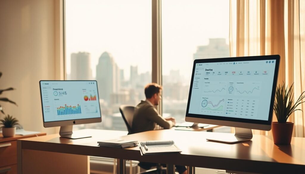 A serene office environment, bathed in warm, natural lighting. In the foreground, a sleek, minimalist desktop computer displays a time tracking dashboard, its intuitive interface showcasing various data visualizations. In the middle ground, a person sits at the desk, deeply engaged in their work, their attention divided between the screen and the stack of papers beside them. The background features a large window overlooking a bustling city skyline, a gentle breeze ruffling the curtains. The overall atmosphere conveys the benefits of efficient time management, productivity, and work-life balance.