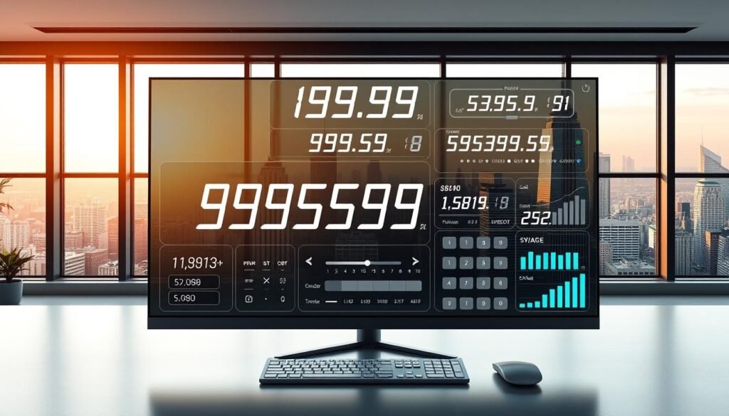 A sleek and modern desktop application, showcasing various big number calculation tools. In the foreground, a clean user interface displays a large digital display highlighting the calculations. The middle ground features a variety of interactive input fields, buttons, and sliders for manipulating the numbers. The background depicts a minimalist office setting, with a large window overlooking a bustling city skyline, bathed in warm, natural lighting. The overall atmosphere conveys a sense of efficiency, precision, and the power of advanced computational capabilities.