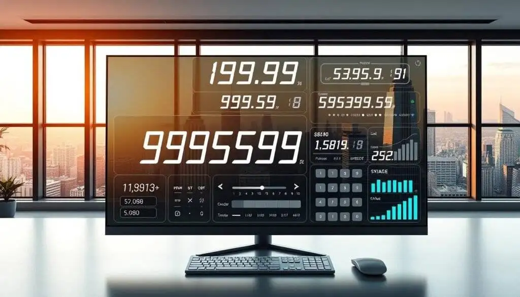 A sleek and modern desktop application, showcasing various big number calculation tools. In the foreground, a clean user interface displays a large digital display highlighting the calculations. The middle ground features a variety of interactive input fields, buttons, and sliders for manipulating the numbers. The background depicts a minimalist office setting, with a large window overlooking a bustling city skyline, bathed in warm, natural lighting. The overall atmosphere conveys a sense of efficiency, precision, and the power of advanced computational capabilities.