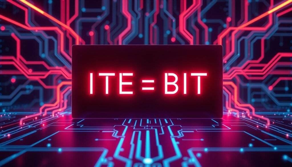 A sleek, futuristic digital interface displaying the conversion of bytes to bits, with glowing, interconnected circuits and holographic data streams flowing in the background. The foreground features a minimalist, high-contrast visual representation of the byte-to-bit conversion process, with dynamic infographic elements and clean typography. The scene is bathed in a cool, neon-tinged lighting, creating a sense of technological sophistication and precision. The overall composition is balanced and visually striking, perfectly capturing the essence of the "Bits/Bytes Converter" concept.