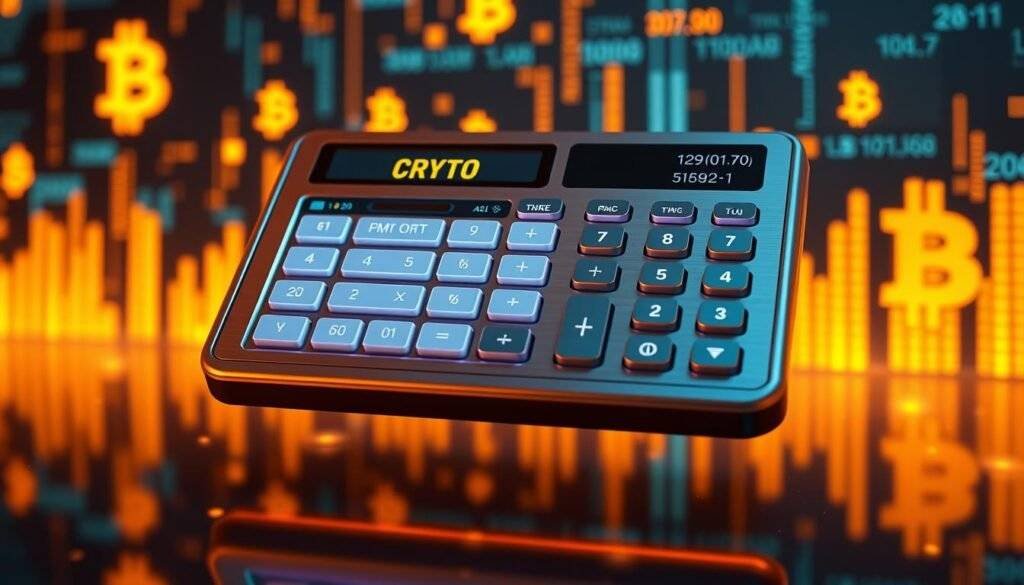 A sleek, metallic crypto profit calculator hovers against a backdrop of glowing digital currency symbols and data streams. The interface displays a clean, minimalist design with intuitive input fields and sliders, casting a soft glow under warm, directional lighting. The calculator's surface reflects the viewer, inviting interaction as it seamlessly integrates with a futuristic, technology-driven environment. The overall mood is one of precision, control, and the promise of financial success in the ever-evolving world of cryptocurrency.