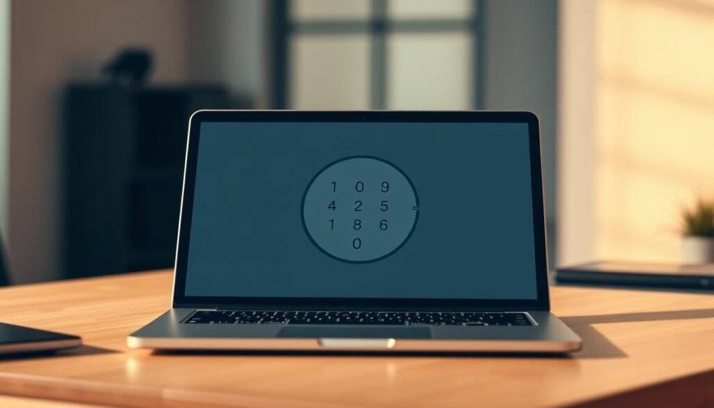 A sleek, minimalist circle calculator app interface, displayed on a modern silver laptop or tablet. The screen shows a simple yet elegant circular calculator with large, bold numerals and intuitive touch-based controls. The background is a blurred, softly-lit workspace, conveying a sense of productivity and focus. Warm, directional lighting casts subtle shadows, emphasizing the depth and tactile feel of the device. The composition is carefully balanced, drawing the viewer's attention to the central calculator tool. The overall mood is one of streamlined efficiency and practical problem-solving.