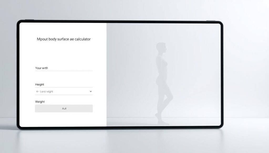 A sleek, minimalist digital interface displaying a body surface area calculator. The foreground features a clean, interactive form where users can input their height and weight data. The middle ground showcases a stylized human silhouette, rendered in a neutral tone to serve as a visual reference. The background subtly depicts a gradient of soft, muted colors, creating a calming, professional atmosphere. Subtle lighting accentuates the interface elements, giving the scene a sense of depth and dimensionality. The overall composition conveys a user-friendly, informative experience for calculating one's body surface area.