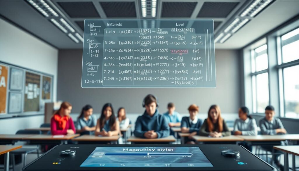 A sleek, modern AI-powered math solver interface, showcasing solutions tailored for various education levels. In the foreground, a clean display with intuitive controls and sliders to adjust the difficulty level. Hovering above, a holographic projection of detailed step-by-step problem-solving, with colorful annotations and visual aids. The middle ground features an array of student personas, each interacting with the interface in a natural, immersive manner. In the background, a serene classroom setting with dynamic, cinematic lighting, conveying a sense of learning and discovery. The overall atmosphere is one of innovation, accessibility, and a seamless integration of AI technology into the educational experience.