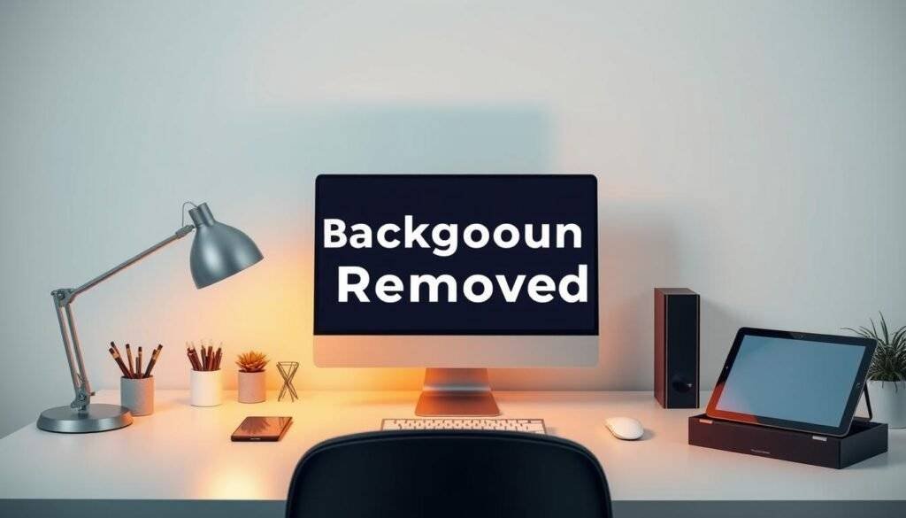 A sleek, modern background removal tool set against a clean, minimalist workspace. The tool is prominently displayed, its intuitive interface and advanced features highlighted by warm, directional lighting casting subtle shadows. The workspace is clutter-free, with a desktop computer, tablet, and other design essentials neatly arranged, conveying a sense of efficiency and productivity. The overall mood is professional, focused, and optimized for seamless digital content creation.
