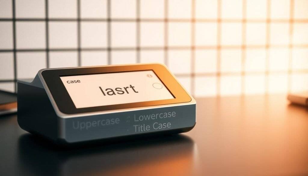 A sleek, modern case conversion tool sits on a minimalist desk, its clean lines and polished metal casing casting a warm glow under soft, studio lighting. The device's intuitive interface invites the user to seamlessly transition between uppercase, lowercase, and title case with the touch of a button. In the background, a subtle grid pattern on the wall adds a sense of structure and organization, complementing the tool's practical purpose. The overall scene conveys a sense of efficiency, technological prowess, and the power of simple, elegant design to enhance the user experience.