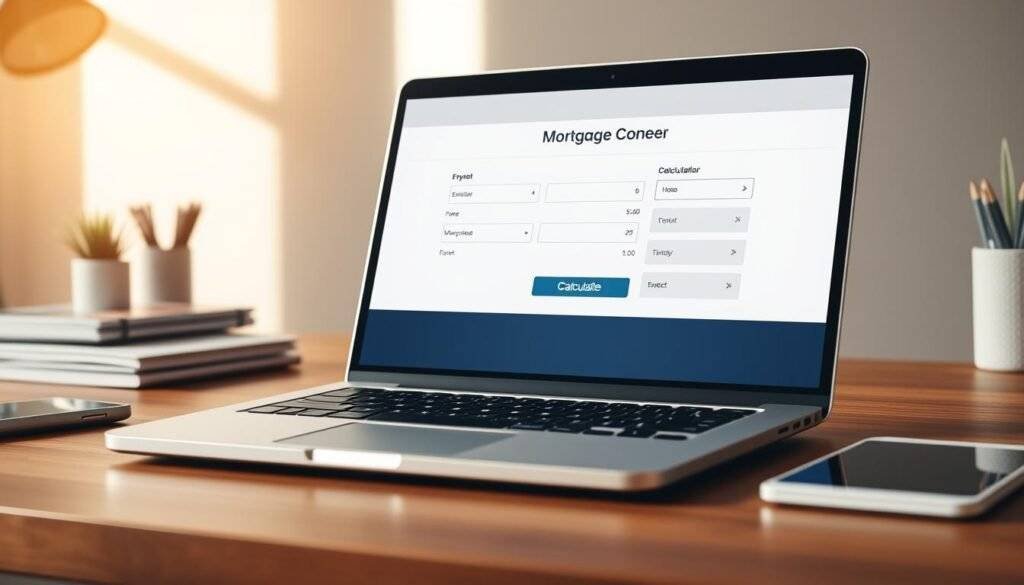 A sleek, modern mortgage payment calculator shown on a laptop screen, positioned on a minimalist wooden desk with a clutter-free workspace. The display shows various input fields and a prominent "Calculate" button, inviting the user to input their financial details. The scene is bathed in warm, natural lighting, creating a sense of productivity and focus. The background is a muted, neutral color palette, allowing the calculator interface to take center stage. The overall composition conveys a sense of efficiency, practicality, and a thoughtful approach to managing one's mortgage payments.