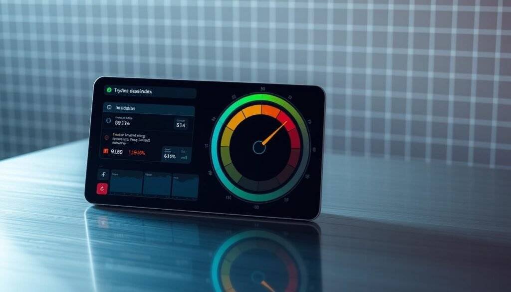 A sleek, modern visualization of the crypto fear and greed index, displayed as a digital dashboard on a polished metal surface. The index is represented by a dynamic, multi-colored circular gauge, with a needle precisely indicating the current sentiment level. The background features a subtle grid pattern, conveying a sense of technical precision and financial data analysis. Soft, diffused lighting creates a sense of depth and dimension, while the overall composition exudes a professional, analytical atmosphere suitable for a financial trading strategy article.