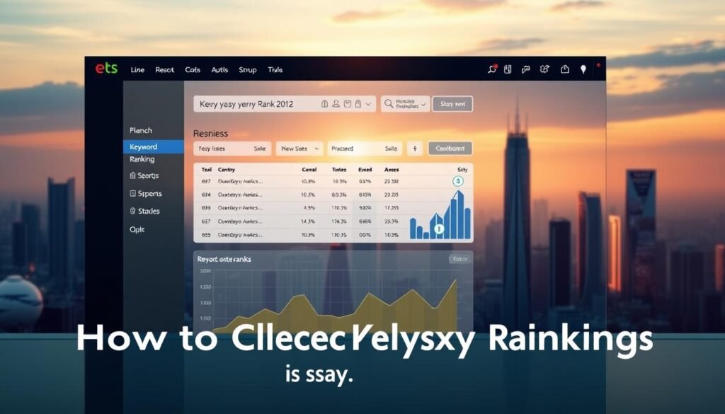 A sleek, modern website dashboard interface displaying a vibrant "Keyword Rank Checker" tool. The foreground features a clean, minimalist design with a search bar, dropdown menus, and charts depicting keyword ranking data. The background showcases a city skyline with futuristic skyscrapers, bathed in a warm, golden glow from the setting sun. Subtle lighting highlights the dashboard's crisp lines and smooth textures, creating a sense of technological sophistication. The overall atmosphere evokes a feeling of effortless productivity and data-driven insights, perfectly suited for illustrating a "How to Check Your Keyword Rankings" section.