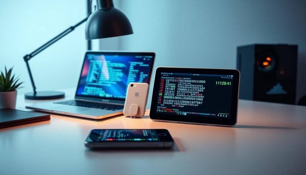 A sleek, modern workspace with a laptop, smartphone, and various digital devices prominently displayed. The devices show different stages of binary to hexadecimal conversion, with colorful data visualizations and intuitive user interfaces. The lighting is soft and diffused, creating a professional, technological atmosphere. The composition emphasizes the harmony between the digital and physical realms, highlighting the practical applications of binary to hex conversion in everyday life.