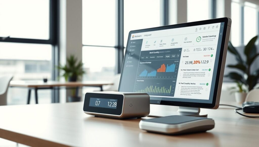 A sleek, modern workspace with an array of advanced word counting tools on a minimalist desk. In the foreground, a high-resolution display showcases a comprehensive word analysis dashboard, featuring real-time word count, character count, and readability metrics. In the middle ground, a compact, metallic-finish device with a touch-sensitive interface allows for quick word and character tallying. The background is a softly-lit, clean-lined office environment, with large windows letting in natural light and a subtle, muted color palette creating a sense of calm productivity.