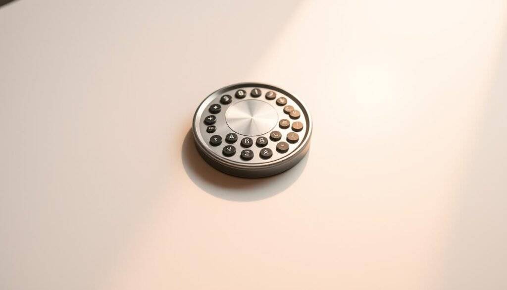 A sleek, silver circle calculator rests on a minimalist white desk, casting a soft shadow. The device's metallic surface catches the warm, diffused lighting, giving it a polished, high-tech appearance. The calculator's clean, geometric form is the focal point, surrounded by a sparse, clutter-free workspace that allows it to shine. The overall mood is one of efficiency, precision, and technological sophistication, perfectly suited to illustrate a section on how to use a circle calculator.