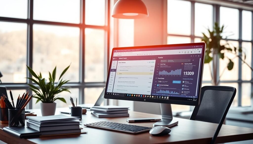 A well-lit, airy office setting with a focus on a desktop workspace. In the foreground, a sleek, modern computer monitor displays a word counter application, its intuitive interface highlighting the key metrics. Surrounding the monitor, various office supplies like a pen holder, a stack of papers, and a potted plant create a sense of productivity and organization. In the middle ground, an ergonomic desk hosts a keyboard and mouse, conveying the comfort and efficiency of the workspace. The background features large windows, allowing natural light to stream in and creating a warm, inviting atmosphere. The overall composition emphasizes the benefits of using a word counter, such as improved writing productivity, accurate document tracking, and a clutter-free work environment.