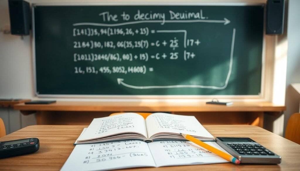 A well-lit classroom setting, with a chalkboard in the background displaying a step-by-step binary to decimal conversion example. On the desk in the foreground, an open notebook showcases handwritten calculations, while a pencil and a calculator lie nearby, subtly emphasizing the educational nature of the scene. The lighting is soft and natural, creating a warm, inviting atmosphere conducive to learning. The camera angle is slightly elevated, providing a clear, unobstructed view of the setup, allowing the viewer to fully engage with the educational content.