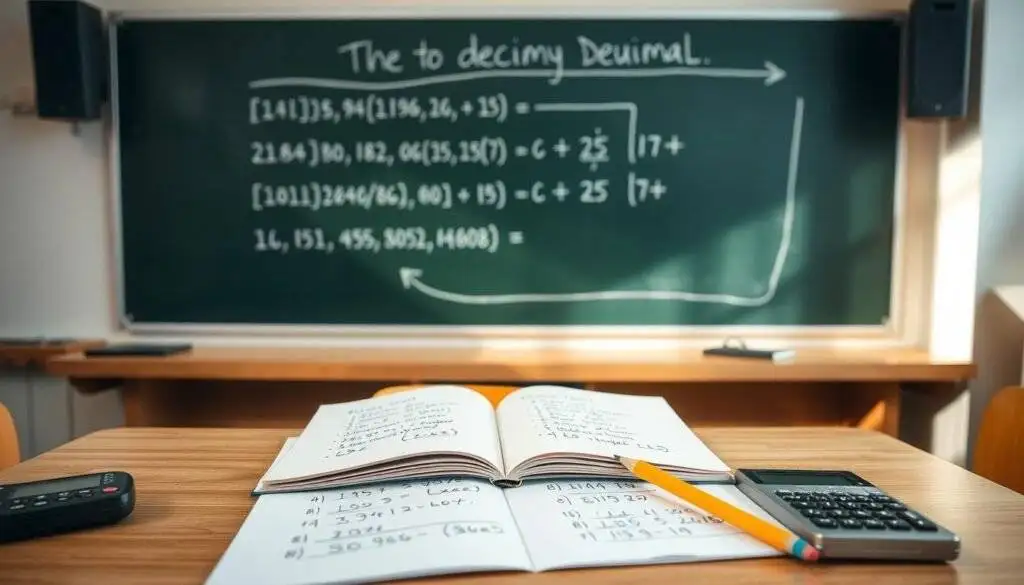 A well-lit classroom setting, with a chalkboard in the background displaying a step-by-step binary to decimal conversion example. On the desk in the foreground, an open notebook showcases handwritten calculations, while a pencil and a calculator lie nearby, subtly emphasizing the educational nature of the scene. The lighting is soft and natural, creating a warm, inviting atmosphere conducive to learning. The camera angle is slightly elevated, providing a clear, unobstructed view of the setup, allowing the viewer to fully engage with the educational content.