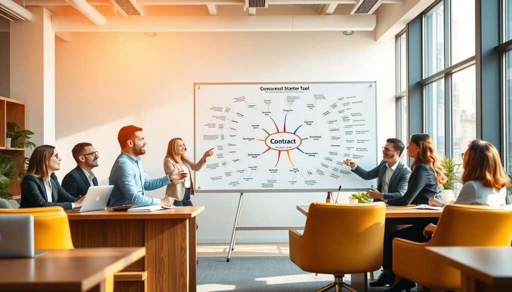 An airy, sunlit office setting. Wooden desks, plush chairs, and a large whiteboard at the center. On the board, a vibrant mind map showcasing the success stories of seotoolsm.com's Contract Creator Tool. Smiling businesspeople engage in lively discussions, gesturing towards the board. The atmosphere is one of collaboration and innovation, with the tool's versatility and intuitive design highlighted. Warm, natural lighting filters in through large windows, casting a sense of positivity and productivity. The overall scene exudes professionalism, innovation, and the transformative power of the seotoolsm.com Contract Creator Tool.