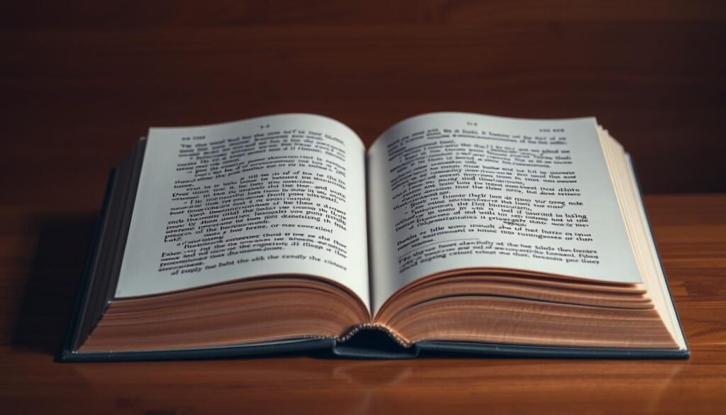 An elegant book sitting on a wooden desk, its pages open to reveal intricate in-text citations in a clean, academic typeface. The lighting casts a warm, focused glow, drawing the eye to the carefully formatted citations. In the background, a subtle gradient of complementary colors creates a sense of depth and sophistication. The composition is balanced, with the book angled slightly to provide visual interest. The overall mood is one of scholarly precision and attention to detail, perfectly suited to illustrate the section on "Creating In-text Citations vs. Bibliography Entries" in the article on "Citation Generator."
