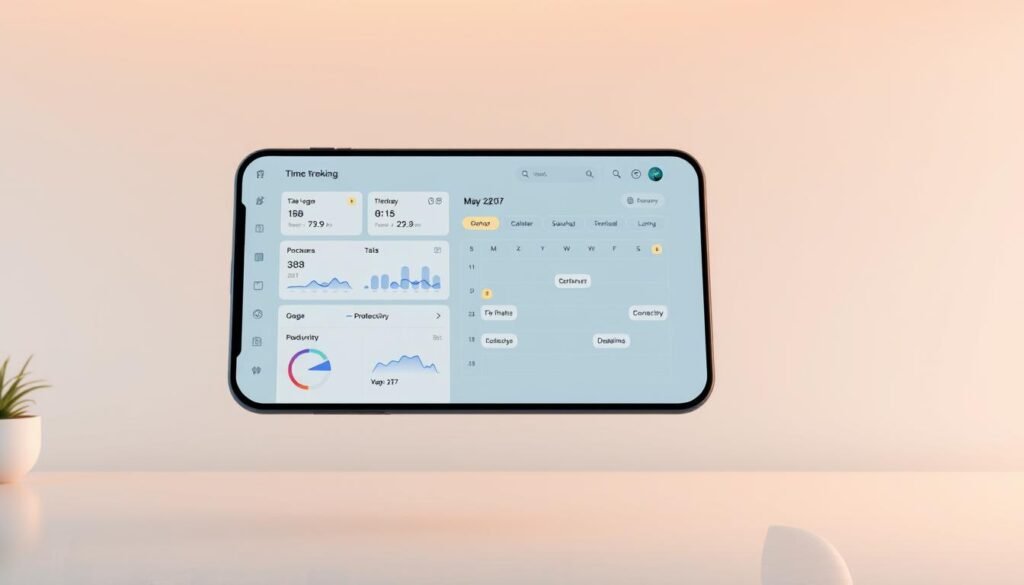 An elegant time tracking app interface floating in a serene, minimalist workspace. The foreground features a clean, intuitive dashboard with concise visualizations of essential metrics like time logged, tasks completed, and productivity trends. The middle ground showcases a smooth, responsive calendar view to manage schedules and deadlines. In the background, a panoramic view of a tranquil cityscape or natural setting, conveying a sense of balance and focus. Warm, natural lighting casts a soft glow, creating a calming, productive atmosphere. The overall design is sleek, modern, and uncluttered, reflecting the app's core purpose of effortless time management.