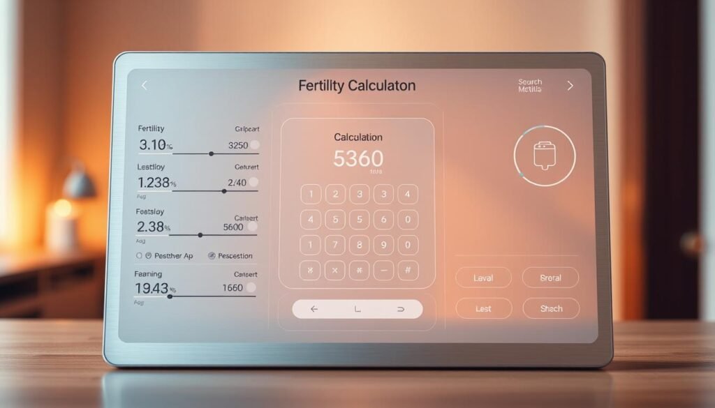 Conception Calculator Tool: A sleek, modern interface displaying various fertility metrics and a central calculator. In the foreground, a responsive touch screen with an intuitive layout of numerical inputs, sliders, and toggle buttons. The middle ground features a minimalist, brushed aluminum frame with a subtle backlit glow. The background a softly blurred gradient, creating a sense of focus and depth. Warm, indirect lighting gently illuminates the scene, conveying a sense of professionalism and medical authority. The overall atmosphere is one of precision, control, and personalized fertility management.
