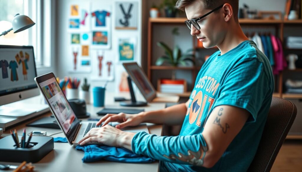 Create an image of a person designing a custom t-shirt using a print-on-demand service.