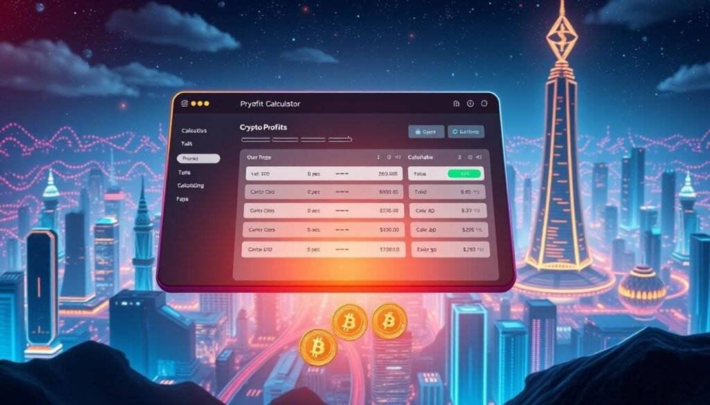 Crypto Profit Calculator Interface: A sleek, modern dashboard floating above a vibrant digital landscape. In the foreground, a clean interface with minimalist design elements - sliders, toggles, and input fields for entering investment details. Warm lighting casts an inviting glow, drawing the eye to the central calculator module. Surrounding it, a futuristic cityscape of holographic skyscrapers and pulsing data streams. Shimmering crypto coins drift lazily in the middle ground, hinting at the wealth-generating potential. In the distance, a towering cryptocurrency exchange logo stands tall, anchoring the scene in the world of digital finance. The overall atmosphere is one of sophistication, technological advancement, and the promise of profitable crypto trading.
