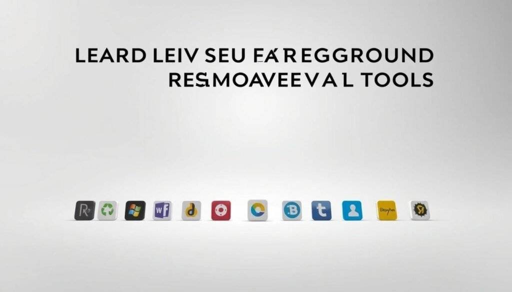 Detailed comparison of leading background removal tools, showcased in a sleek, minimalist composition. The foreground features a grid of various software icons, each precisely rendered with attention to detail. The middle ground displays a clean, white backdrop, allowing the tools to take center stage. The background subtly fades into a soft, neutral gradient, creating a focused, professional atmosphere. Optimal lighting and camera angle highlight the tools' features and user interfaces, inviting the viewer to explore their capabilities. An authoritative, evaluative tone conveys the comprehensive nature of the comparison.