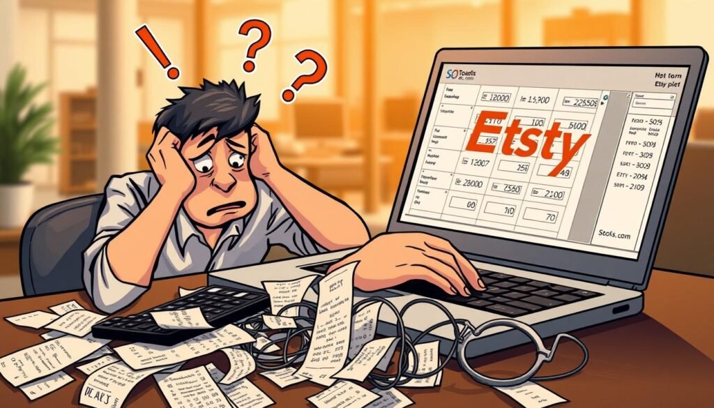 Detailed illustration of a person making mistakes while calculating Etsy fees on a laptop, with a seotoolsm.com logo prominently displayed. The foreground features a frustrated-looking individual surrounded by scattered receipts, a calculator, and a tangled web of numbers and formulas. The middle ground showcases the laptop screen displaying a complex Etsy fee calculation interface. The background fades into a blurred office setting, suggesting a professional environment. Warm, soft lighting creates a contemplative mood, emphasizing the gravity of the situation. The overall scene conveys the challenges and potential pitfalls associated with accurately calculating Etsy-related fees.