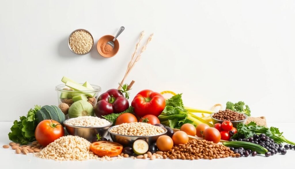 Detailed image of carbohydrate-rich foods arranged in a grid-like layout, showcasing various diet plans. Brightly lit studio setting with a clean, modern background. Foods include whole grains, fruits, vegetables, and legumes, each thoughtfully positioned to highlight their visual appeal and nutritional properties. Soft shadows and graduated lighting create depth and dimension, drawing the viewer's attention to the central focus. The overall composition conveys a sense of balance, health, and the diverse carbohydrate options available within popular dietary approaches.