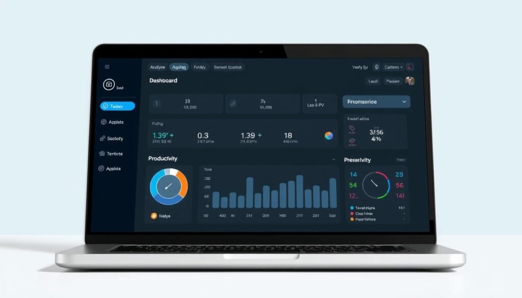 Generate an image of Apploye's dashboard on a laptop screen, showcasing its time tracking and productivity monitoring features.