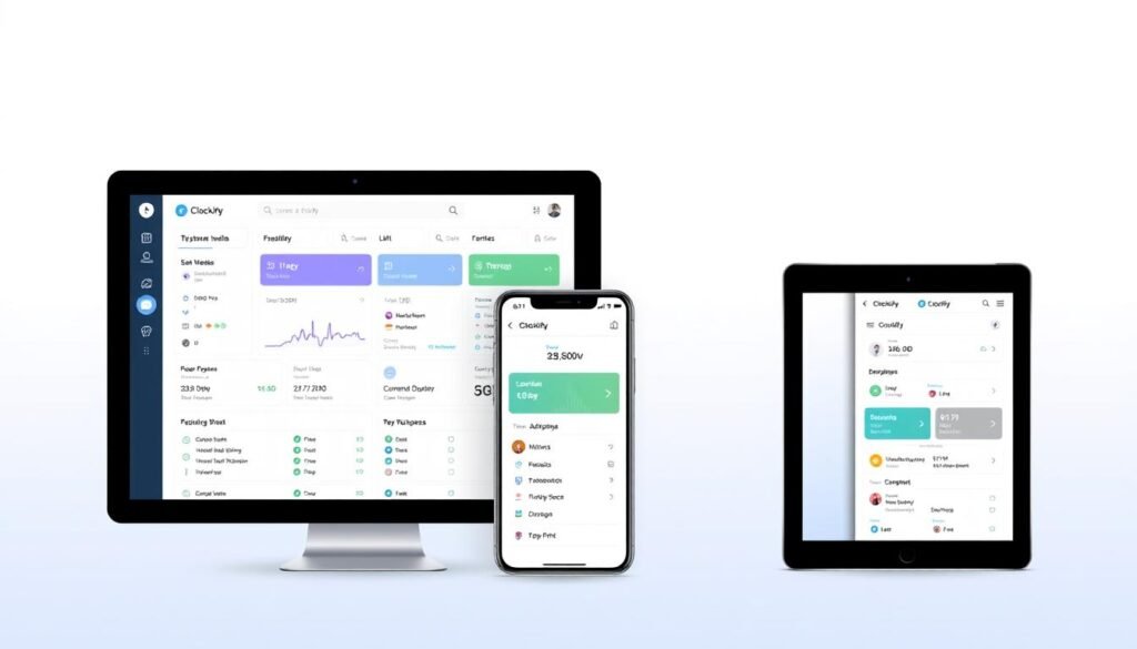 Generate an image of Clockify's interface on different devices (desktop, mobile, tablet) showing its various features.
