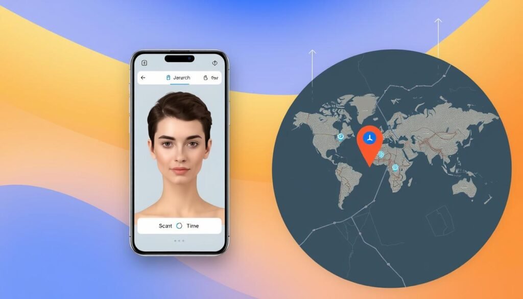 Generate an image of Jibble's mobile app showcasing its facial recognition and GPS tracking features.