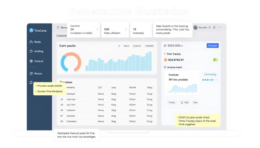 Generate an image of TimeCamp's dashboard showcasing its time tracking and invoicing features.