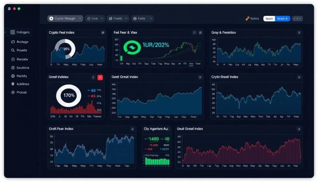 Generate an image of a dashboard displaying various crypto fear and greed index widgets from different providers.
