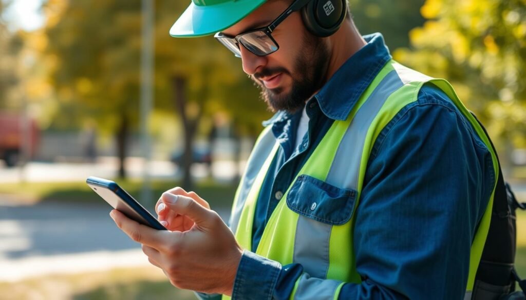 Generate an image of a field employee using a mobile app to track their work hours and location.