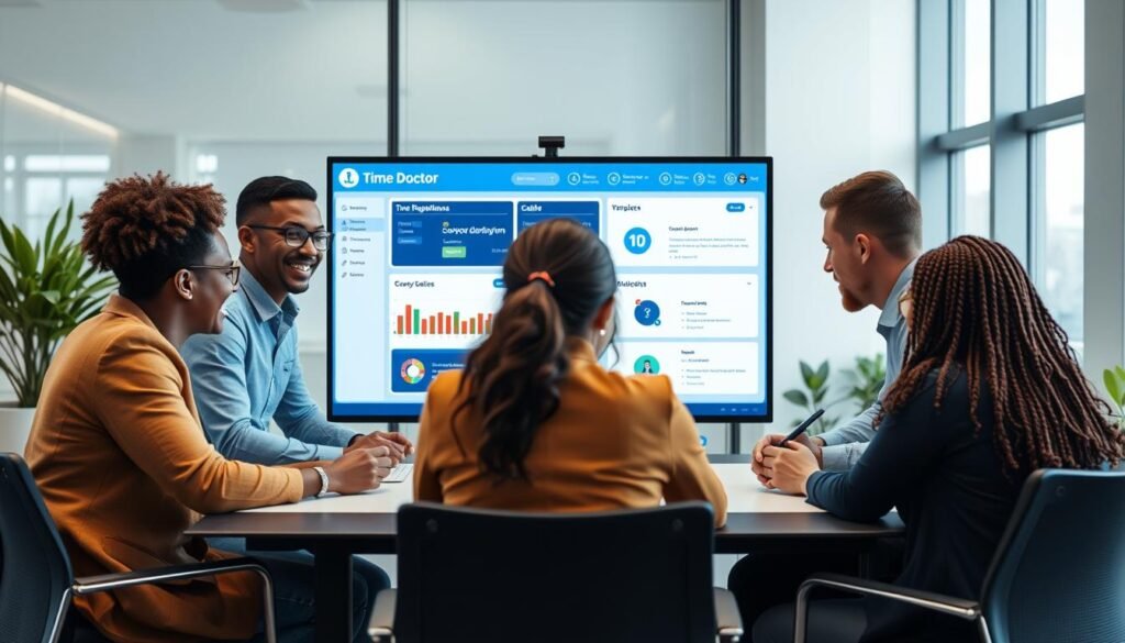 Generate an image of a hybrid team working together, with Time Doctor's interface on a screen in the background.