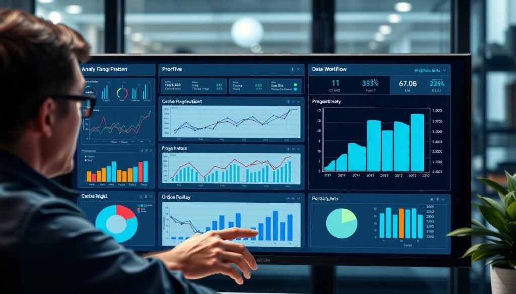 Generate an image of a manager analyzing productivity patterns and workflow optimization on a dashboard.