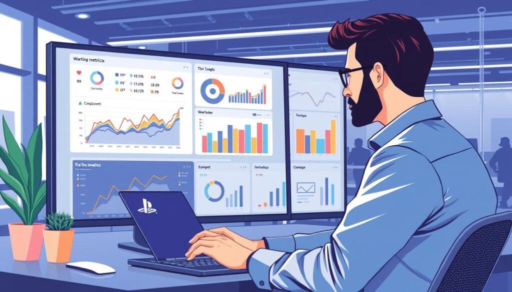 Generate an image of a manager reviewing employee activity data on a dashboard.