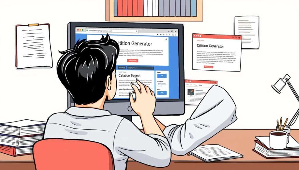 Generate an image of a person comparing different citation generators on a computer screen.