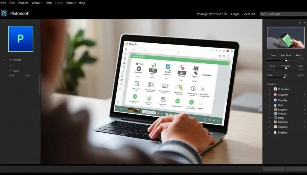 Generate an image of a person using Photoroom on their laptop to remove the background from a product image.