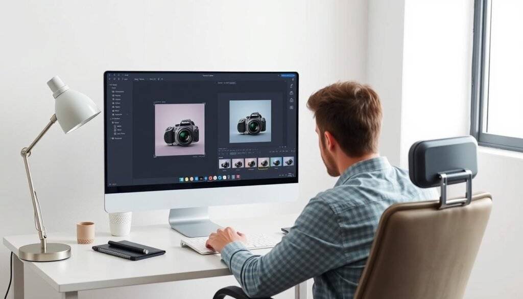 Generate an image of a person using Removal.AI on their computer to remove the background from a product photo.
