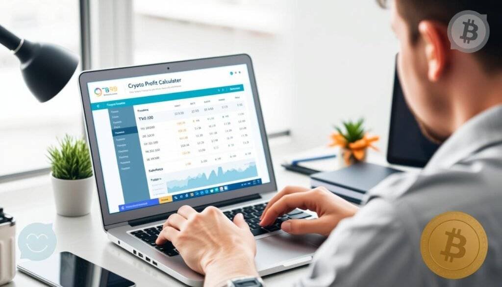 Generate an image of a person using a Crypto Profit Calculator on their laptop.