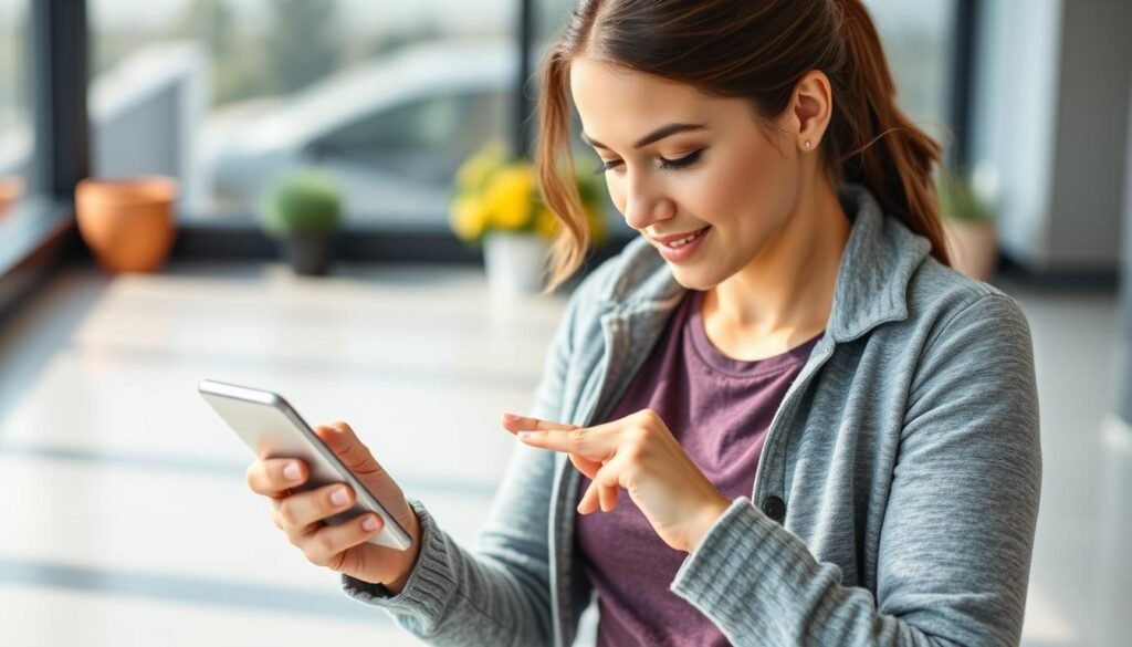Generate an image of a person using a calorie calculator on a digital device.