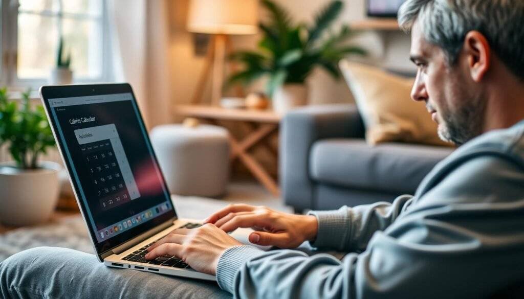 Generate an image of a person using a calorie calculator on their laptop.